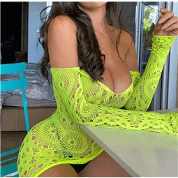 VESTIDO SEXY SENSUAL EM RENDA AMARELO NEON TAMANHO NICO - 2560